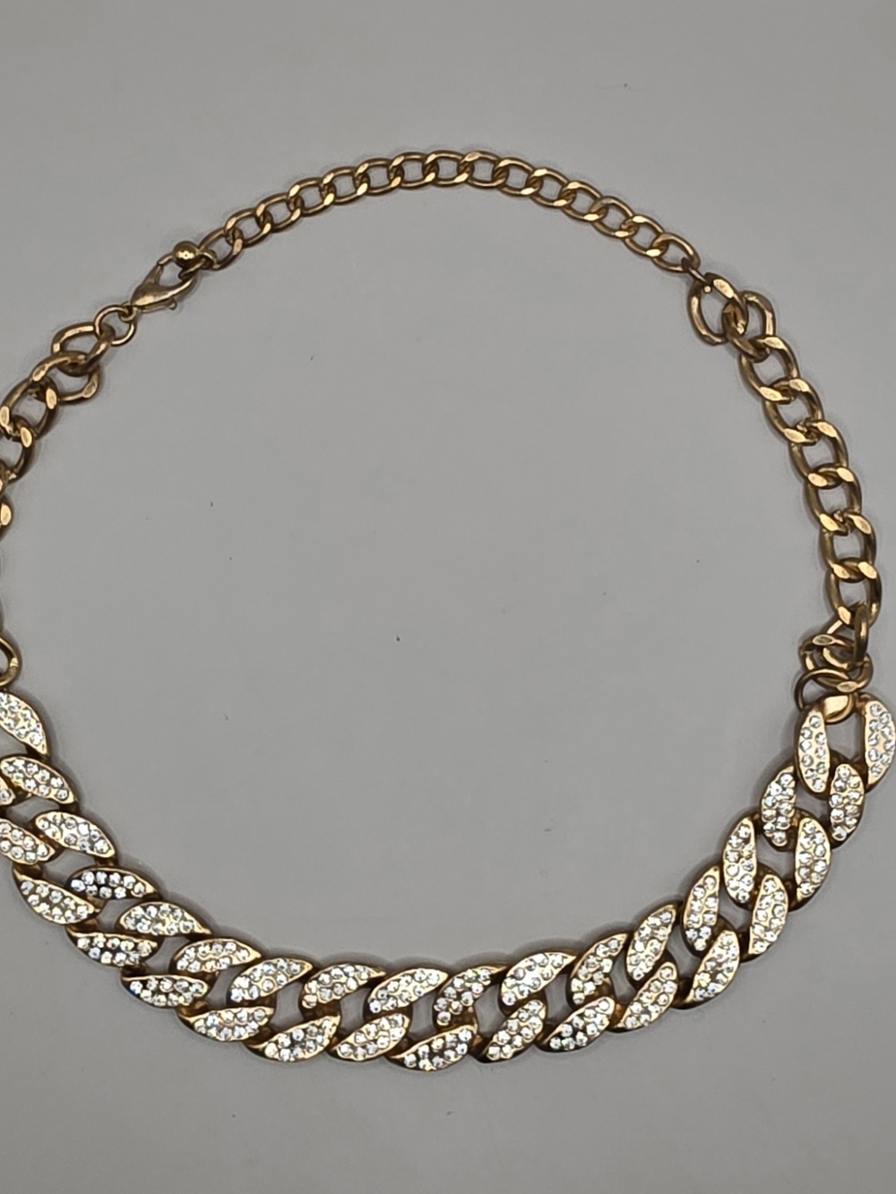 Gold Tone Rhinestone Curb Chain Statement Necklace Chunky Adjustable 17"